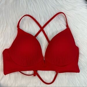 Shade & Shore Red Ribbed Plunge Bikini Top 36B